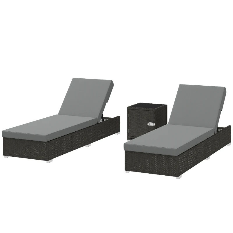Outsunny Conjunto 2 Espreguiçadeiras de Jardim em Rattan com Mesa Lateral e Encosto Regulável, 184x60x22 cm, Cinza Escuro