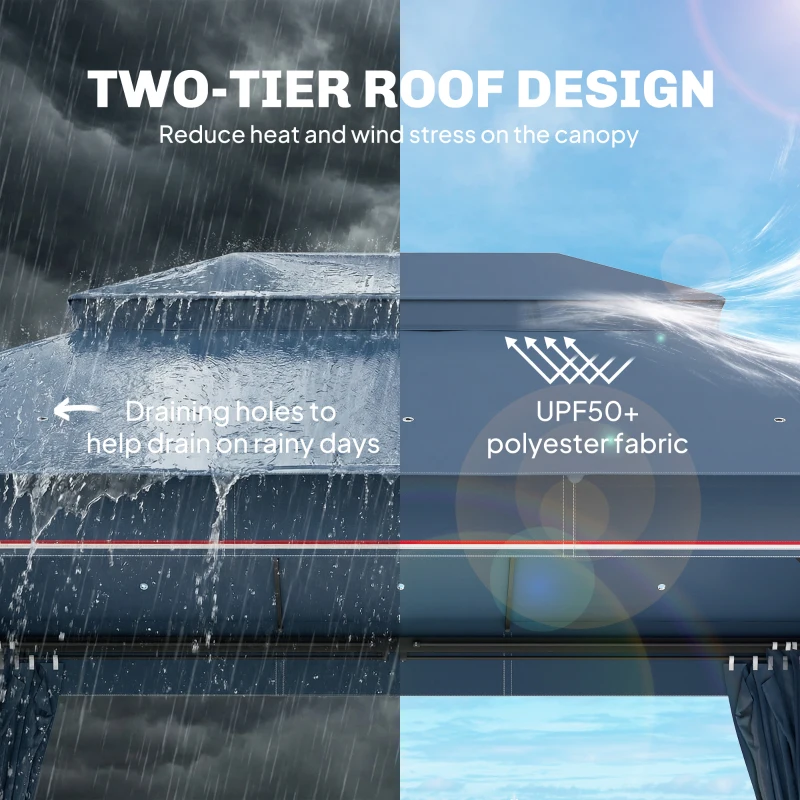 Outsunny 3 x 4 m Outdoor Garden Gazebo with Netting and Curtains, UPF50+ Patio Gazebo Permanent Pavilion Canopy, Dark Blue