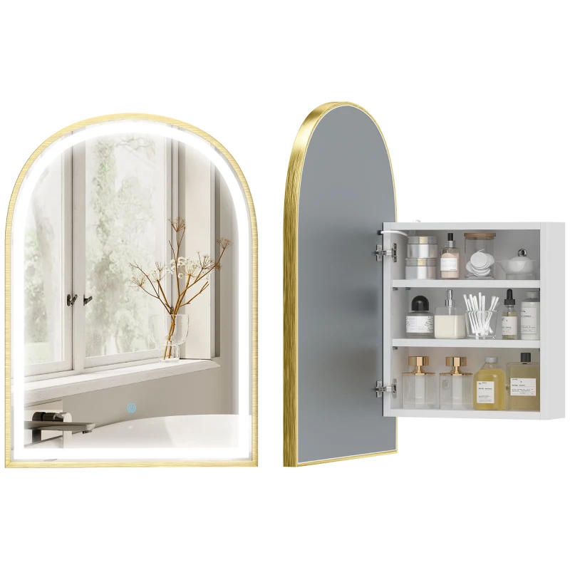 HOMCOM Armario de pared para baño con espejo e iluminación LED, puerta arqueada, antivaho, 50x14,5x70cm, dorado