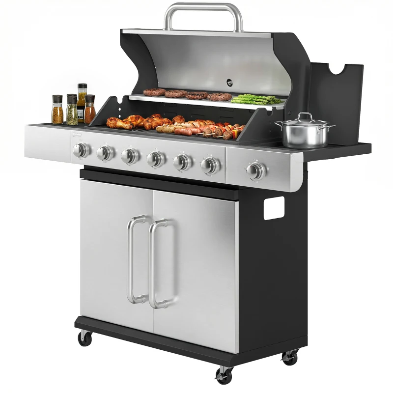 Outsunny Gasbarbecue 18,6 kW 6+1 branders BBQ met thermometer, warmhoudrek, zijtafels en opbergkast