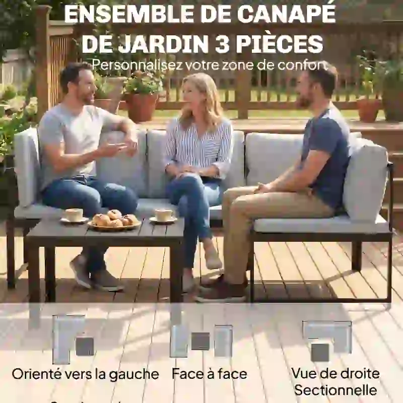 Outsunny Salon de Jardin Mobilier de Terrasse 3 Pièces 4 Places Modulable avec Accoudoir Réglable Coussins Épais 16cm Gris