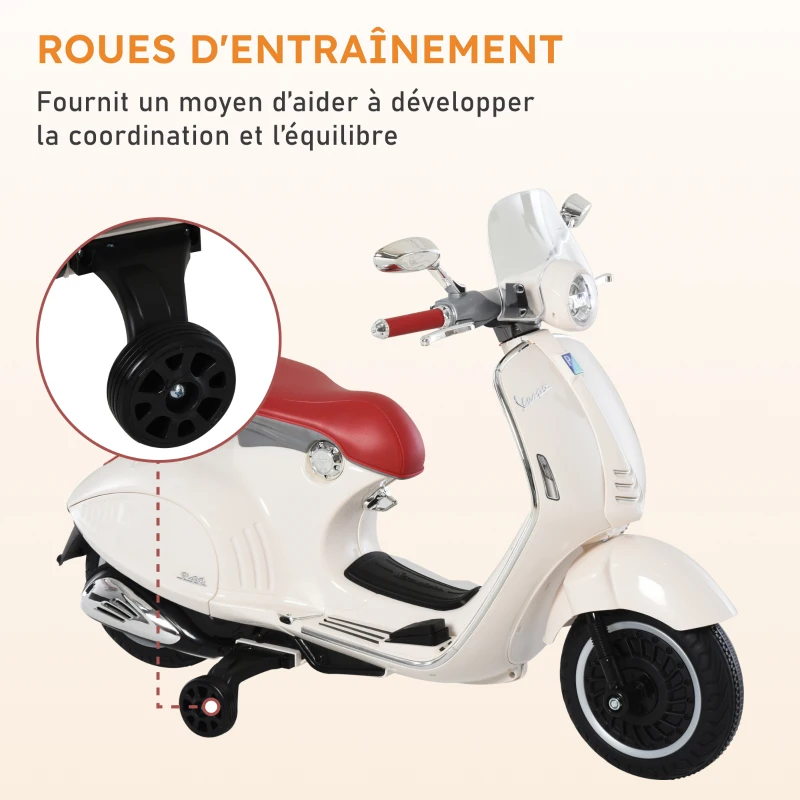 HOMCOM Vespa Scooter Moto électrique Enfants 6 V dim. 108L x 49l x 75H cm Musique klaxon 2 roues auxiliaires, 3-6 ans, Blanc