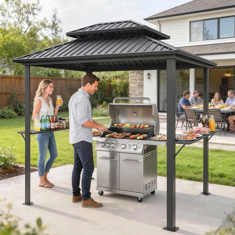 Outsunny Cobertizo para barbacoa exterior cenador de jardín aluminio con doble techo 2 estantes laterales ganchos 231x165x246cm negro