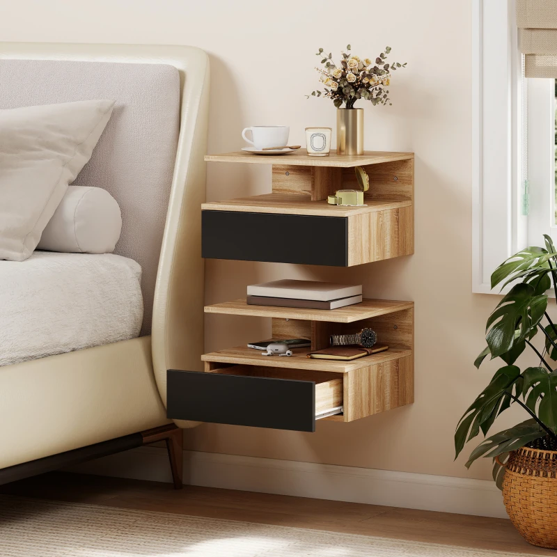 HOMCOM Set di 2 Comodini Sospesi con Cassetto e Mensola Aperta, 35x32x22.5 cm, Nero e Rovere