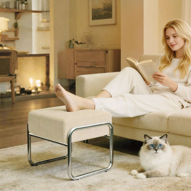 HOMCOM Pufe Almofadado Espesso com Tecido Chenille e Pernas de Aço para Quarto, Bege