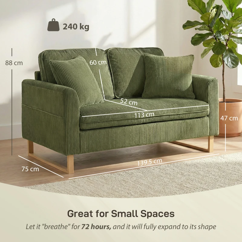 HOMCOM 2 Seater Sofa, 140 cm Loveseat Sofa with Spring Cushions, Metal Legs, 2 Pillows, Dark Green