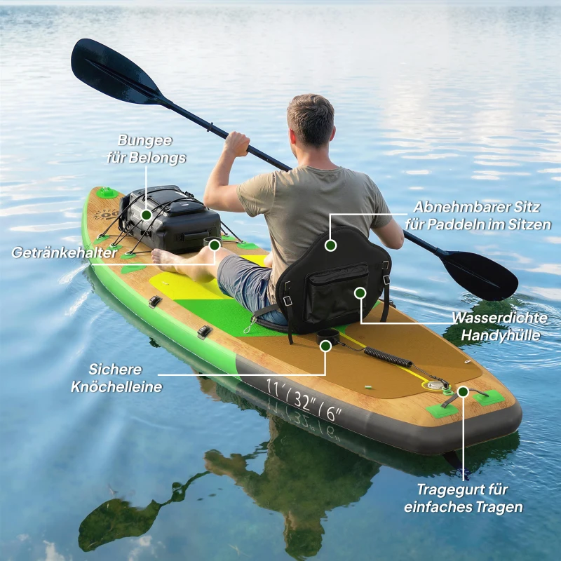 Outsunny Stand Up Paddling Board Set Aufblasbar 335cm SUP Board mit Kajak Sitz, Verstellbares Doppel-Paddel Fußschlaufe
