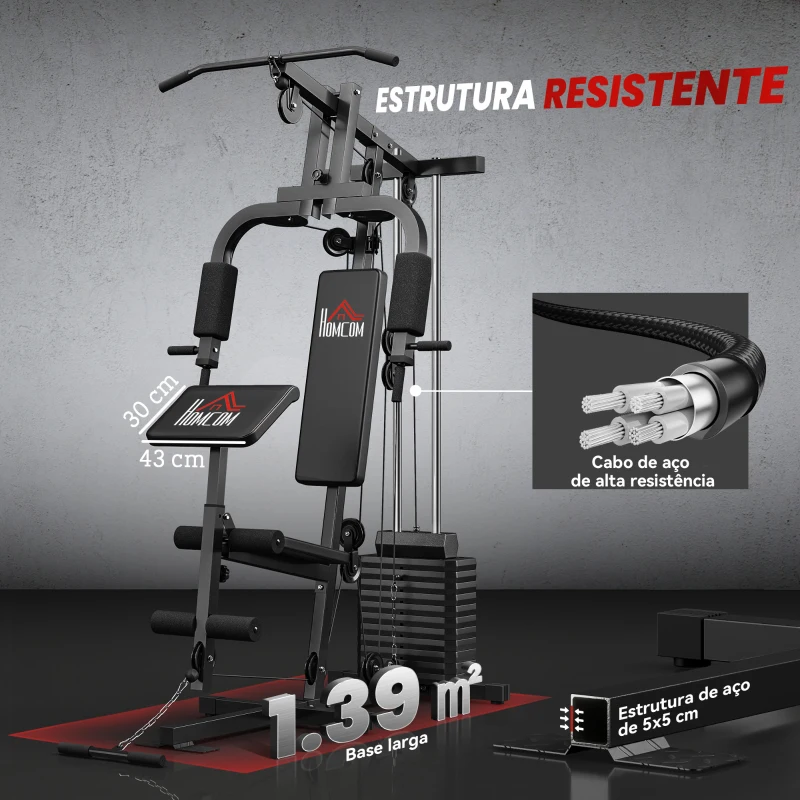 HOMCOM Máquina de Musculação com Pesos Ajustáveis de 65 kg Imprensa de Peito e Pernas Polia 135x103x210 cm Preto