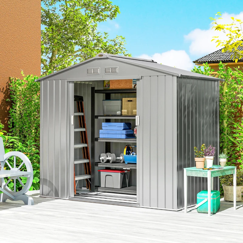 Outsunny 7 x 4ft Lockable Metal Garden Tool Storage Shed Storage - Light Grey