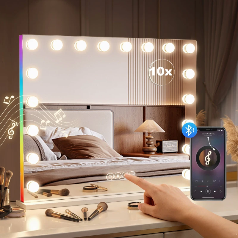 HOMCOM Miroir maquillage Hollywood 18 ampoules LED, 3 couleurs d'éclairage, lumière RGB, haut-parleur Bluetooth, blanc