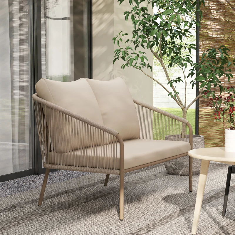 Outsunny Sofá 2 Plazas Estilo Boho con Cojines Desenfundables y Reposabrazos, en Acero y Rattan PE, 112x72x76 cm, Beige