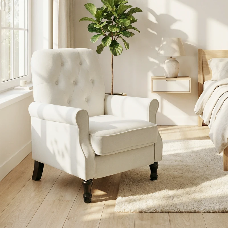 HOMCOM Fauteuil de salon, canapé 1 place avec assise rembourrée épaisse, coussin à ressorts, tissu en lin, 69x75x90cm, crème