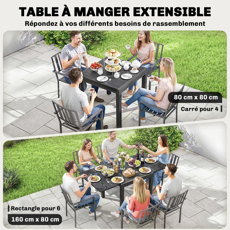 Outsunny Table de jardin extensible pour 4-6 personnes avec rallonge auto-stockée aluminium avec effet bois 80-160 x 80 cm noir