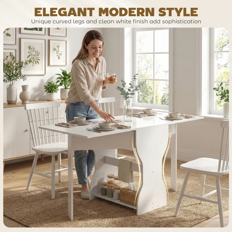 HOMCOM Klapbare Eettafel Keukentafel met Opbergruimte voor 2-4 Personen Klaptafel voor Kleine Ruimtes Eetkamer 160 x 60 x 75 cm Wit