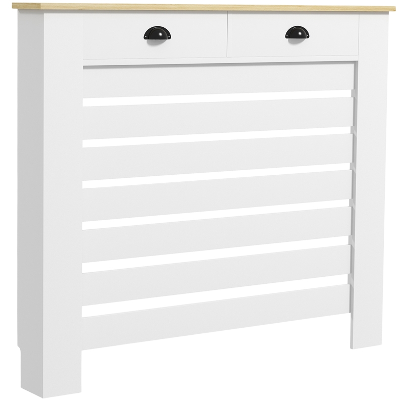 HOMCOM Couvercle de radiateur cache radiateur grille à lattes horizontales avec 2 tiroirs en bois 111l x 19P x 95,5H cm blanc