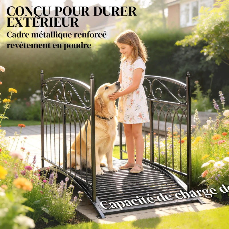 Outsunny Pont de Jardin en Métal Style Baroque Passerelle Décorative avec Garde-Corps 91cm et Charge 100kg Noir