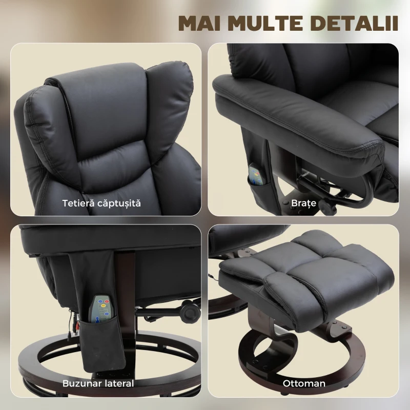HOMCOM Fotoliu Relax cu Taburet Suport pentru Picioare și Funcție de Masaj, Rabatabil la 145° și Rotativ la 360°, Negru