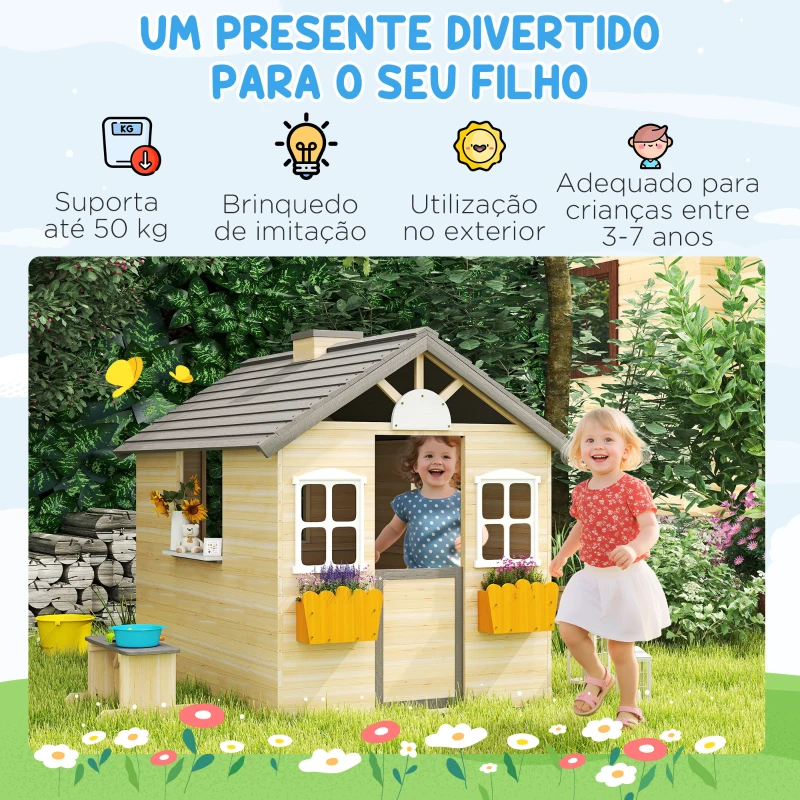 Outsunny Casa de Jardim de Madeira para Crianças de 3-7 Anos com Janelas 2 Floreiras e 1 Banco 113x94x134,5 cm Madeira