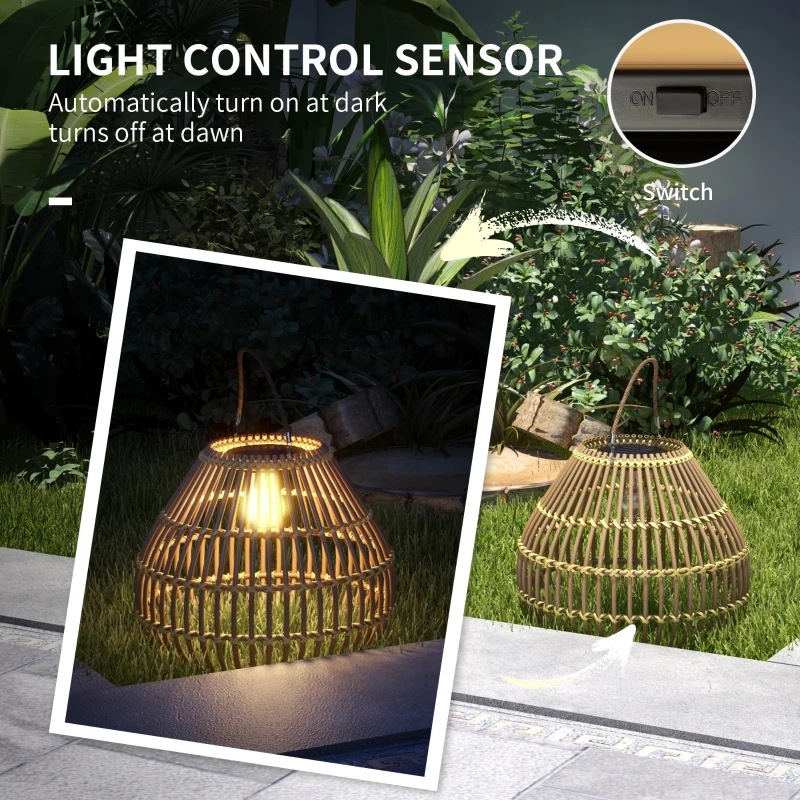 Outsunny Lampa solarna, rattanowa lampa ogrodowa, wodoszczelna lampa solarna z czujnikiem światła, lampa ogrodowa LED z konstrukcją bębna, na taras, balkon, stal, żółta