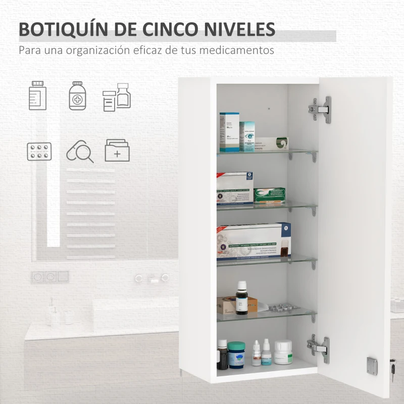 kleankin Botiquín de Pared de Primeros Auxilios 5 Niveles con Estantes Ajustables de Vidrio Cerradura Llaves 30x20x70 cm Blanco