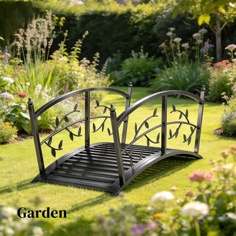 Outsunny 1.2M Metal Garden Bridge with Safety Railings, Outdoor Pond Bridge, Arch Decorative Footbridge for Creek Stream