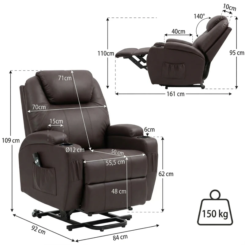 HOMCOM Opsta Stoel comfortabel met afstandsbediening en bekervouders voor Huisgebruik, Koffiebruin(m-3)