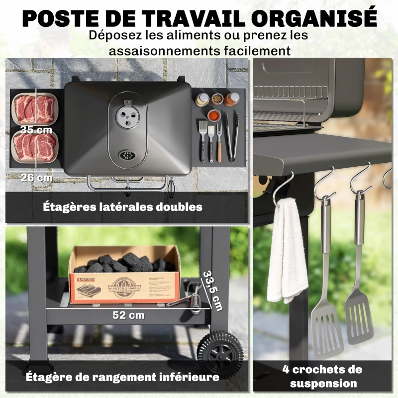 Outsunny Barbecue Charbon de Bois Chariot Grill de Jardin avec Couvercle XXL Bac à Charbon et Évents Réglables 112cm Noir