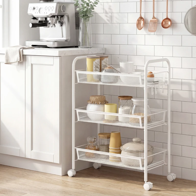 HOMCOM Chariot à 3 niveaux avec paniers desserte à roulettes chariot de rangement roulante 45 x 26,5 x 63 cm blanc