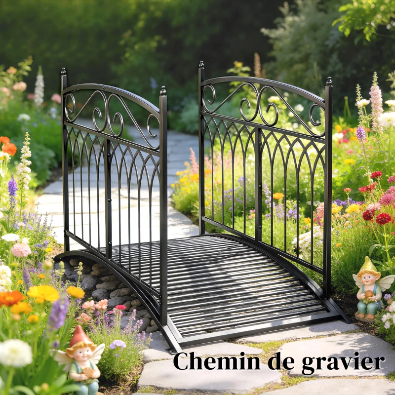 Outsunny Pont de Jardin en Métal Style Baroque Passerelle Décorative avec Garde-Corps 91cm et Charge 100kg Noir