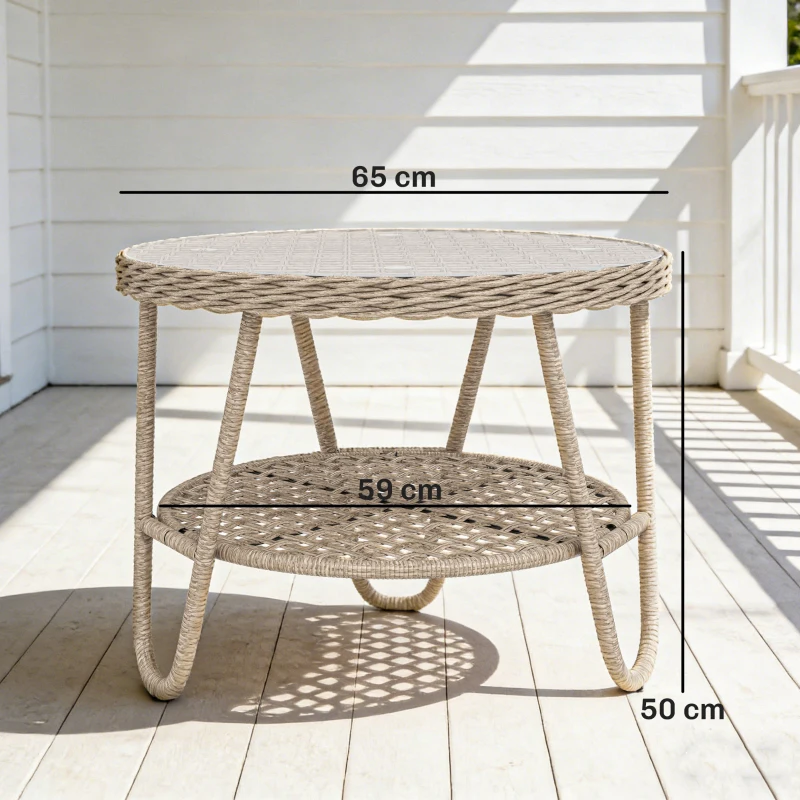 Outsunny Bijzettafel van polyrattan, tweelaagse koffietafel met opbergruimte, glazen tafelblad, verstelbare voetjes, 65 x 65 x 50 cm, geel