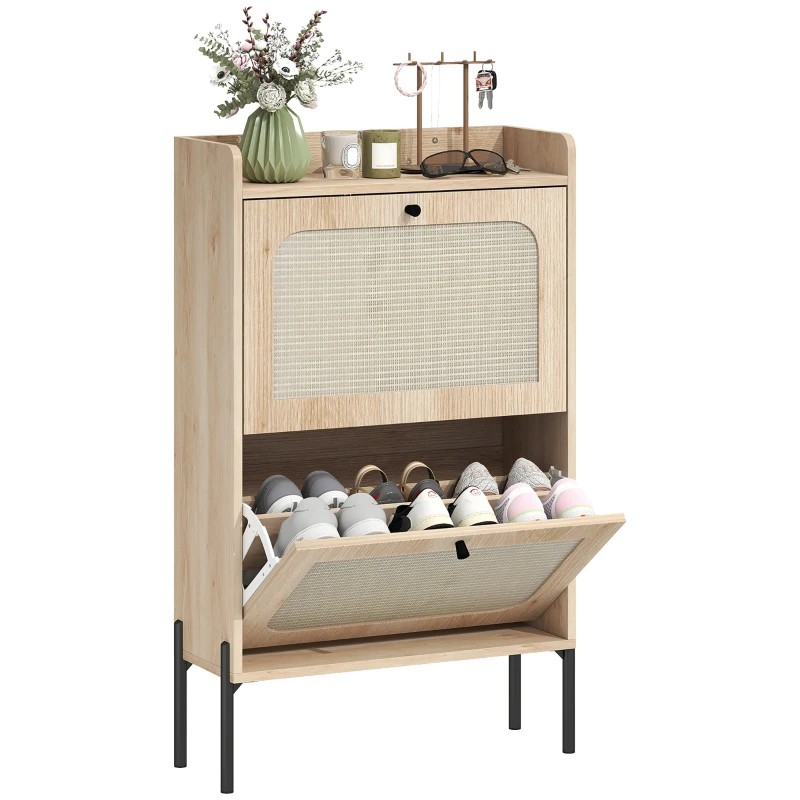 HOMCOM Mueble para zapatos 12 pares, armario para zapatos, 2 cajones abatibles, puertas de ratán y estantes ajustables, roble