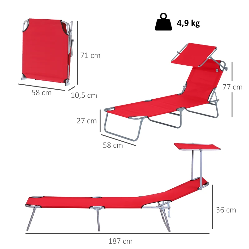 Outsunny Tumbona de Jardín Exterior Reclinable con Toldo Desmontable Respaldo Ajustable en 4 Niveles 187x58x36 cm Rojo