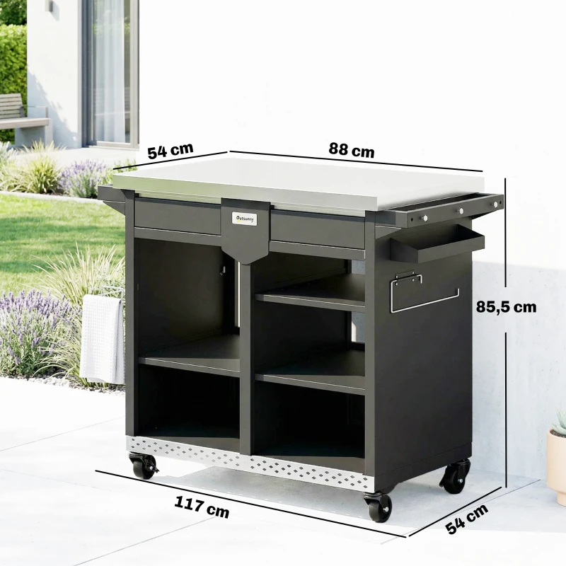 Outsunny Carro de barbacoa 5 niveles mesa para parrilla con superficie de acero inoxidable estantes ajustables cajón ruedas portaespecias toallero