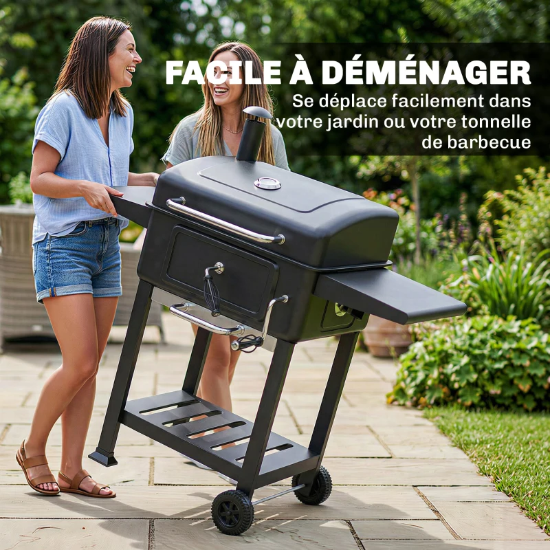 Outsunny Barbecue au charbon avec bac à charbon réglable, chariot grill de jardin fumoir avec tablettes latérales et thermomètre
