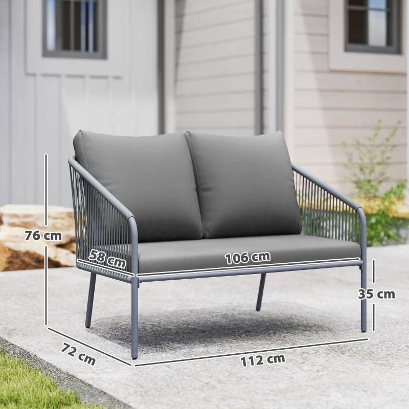Outsunny Sofá 2 Plazas Estilo Boho con Cojines Desmontables y Reposabrazos, en Acero y Ratán PE, 112x72x76 cm, Gris