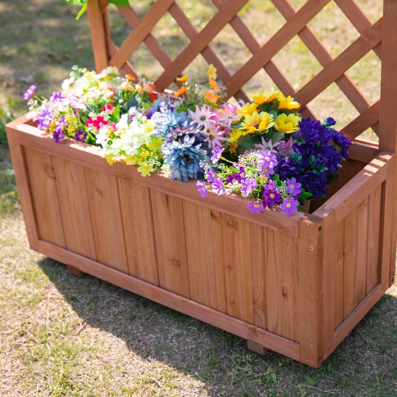 Outsunny 72.5 x 31.5 x 149.5 cm 45L Garden Wooden Pine Trough Planter with Topped Trellis Climbing Plants Flower Raised Bed, Orange