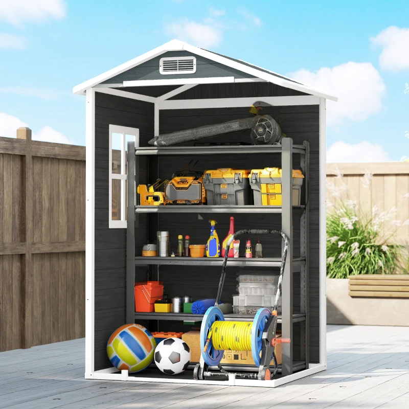Outsunny Caseta de jardín de plástico con suelo puerta con cerradura ventana y ventilación  128 x 104 x196 cm gris