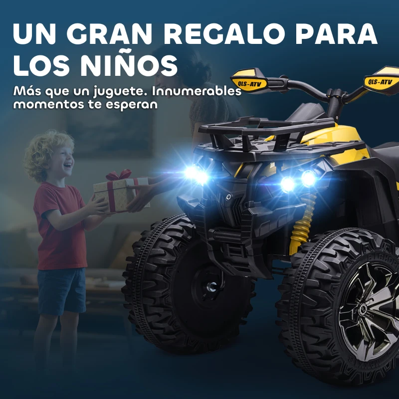 HOMCOM Quad Eléctrico 12V para Niños +3 Años con 2 Motores Faros Música Neumáticos de Suspensión Botones Avance y Retroceso Vehículo Eléctrico a Batería 100x65x73 cm Amarillo
