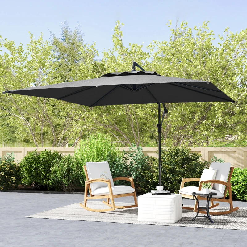 Outsunny Parasol descentrado cuadrado 3 x 3 m con manivela, base cruzada, parasol inclinable rotación a 360° lona 180 g/m² gris oscuro