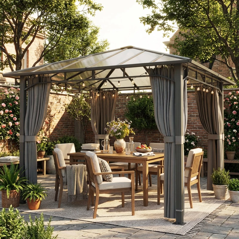 Outsunny Tuinpaviljoen ca. 3 x 3 m metaal paviljoen met 6 mm polycarbonaat dak 4 zijden, UV50+ donkergrijs