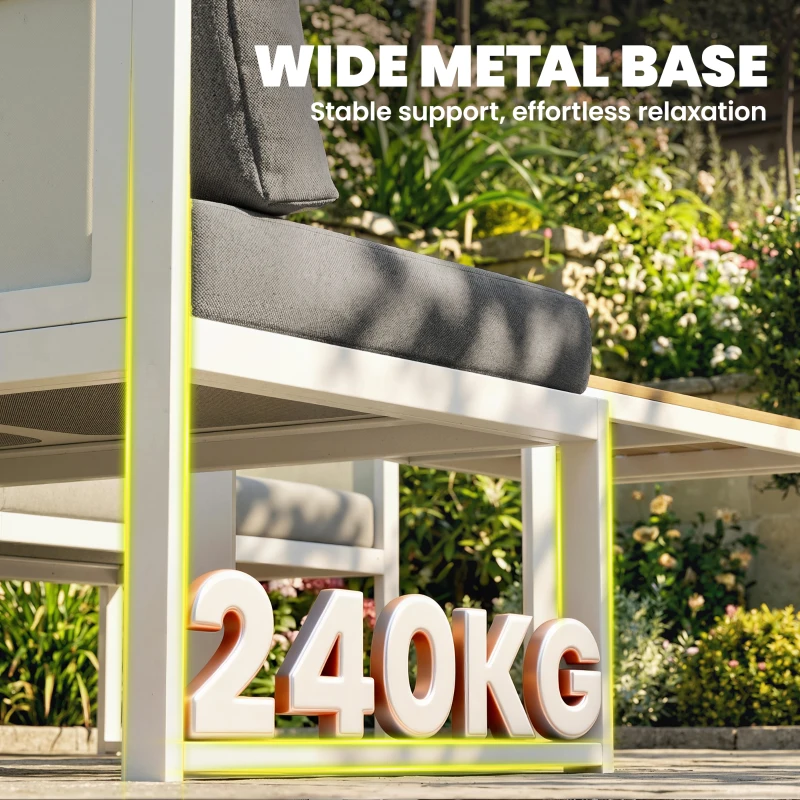 Outsunny 6 Seater Metal Garden Furniture Corner Sofa Set with 3 Loveseats, Faux Wood Table, Texteline Seat, Cushions, White