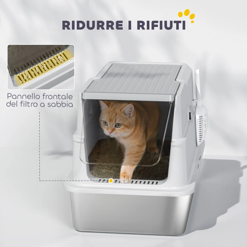 PawHut Caixa de Areia para Gatos Grandes em Aço Inox com Tampa Rebatível, Pá e Desodorizante, Cinza Claro