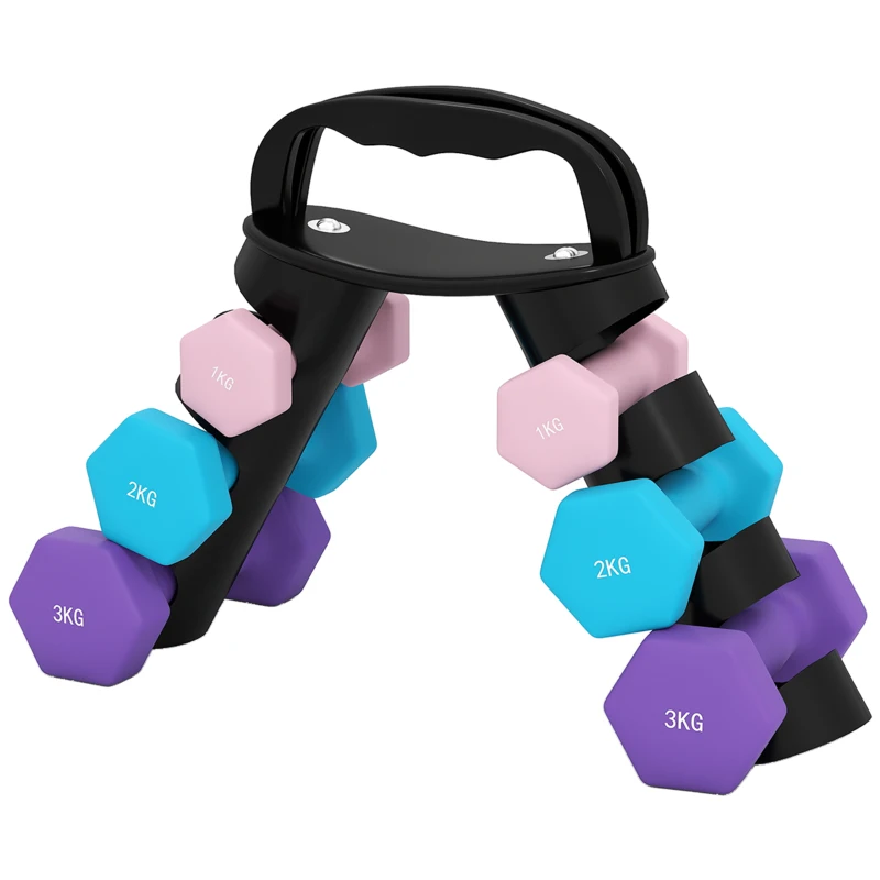 SPORTNOW Conjunto de halteres hexagonais, halteres musculação, 2 x 1 kg, 2 x 2 kg, 2 x 3 kg, com suporte conversível de halteres