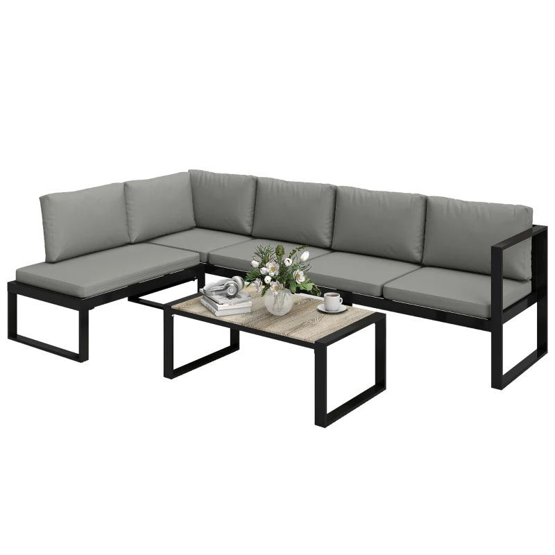 Outsunny Salón de Jardín Exterior de Esquina para 5 Personas con 2 Sofás, Silla Sin Reposabrazos, Mesa Baja, Gris Oscuro