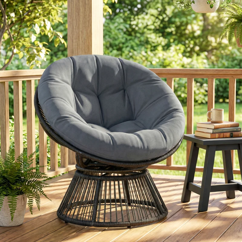 Outsunny Sillón papasan giratorio 360° con cojín, marco de acero, sillón redondo de ratán, Gris