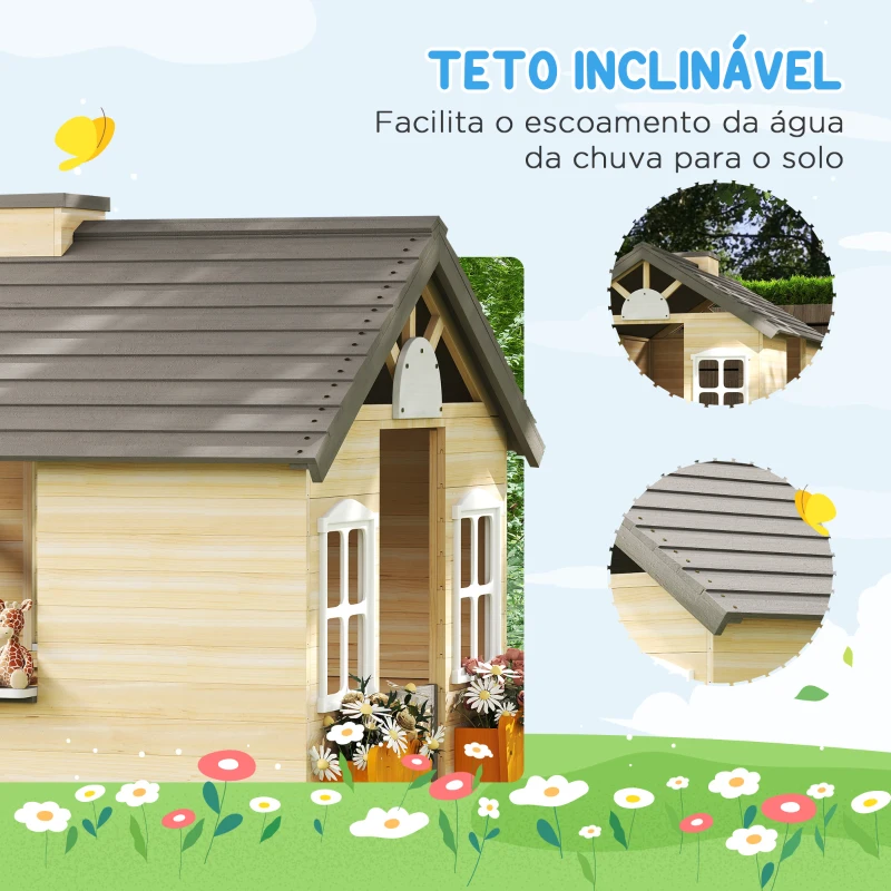 Outsunny Casa de Jardim de Madeira para Crianças de 3-7 Anos com Janelas 2 Floreiras e 1 Banco 113x94x134,5 cm Madeira