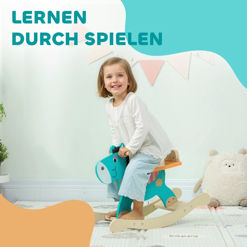 AIYAPLAY Schaukeltier Esel Baby Schaukelspielzeug mit Haltegriffen Schaukel Schaukelsitz 59 x 27 x 43 cm Blaugrün