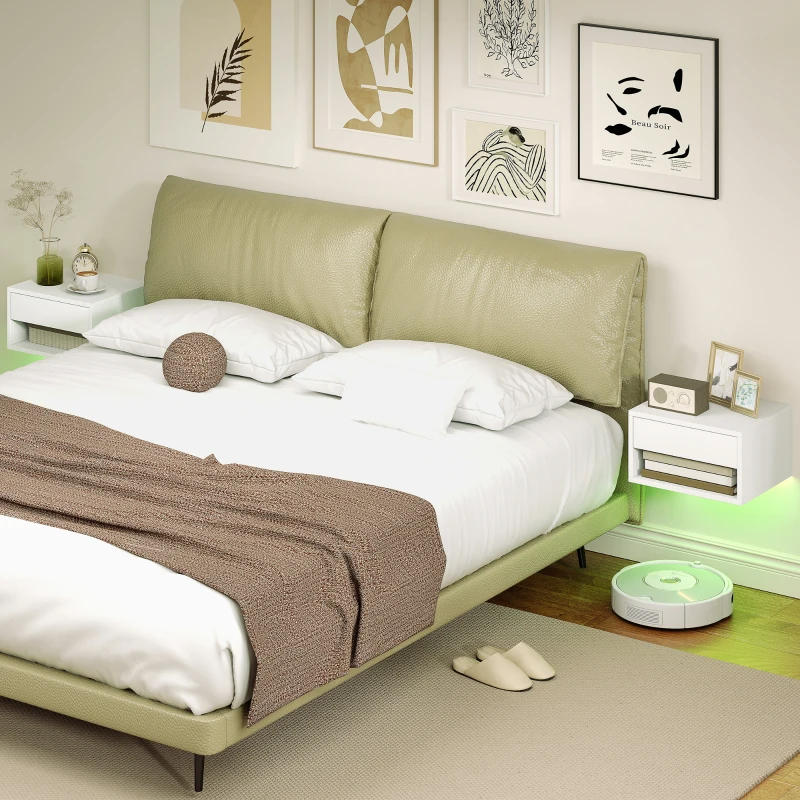 HOMCOM Mesita de noche set de 2 con iluminación LED RGB, mesita flotante con cajón y compartimento abierto, blanco