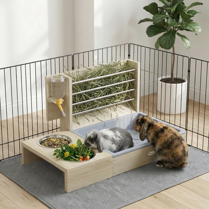 PawHut Suport pentru Fân din Lemn pentru Iepuri Hrănitor Iepure 3 în 1 cu Tavă pentru Așternut și Sticlă de Apă 58x40x32cm Lemn Natural