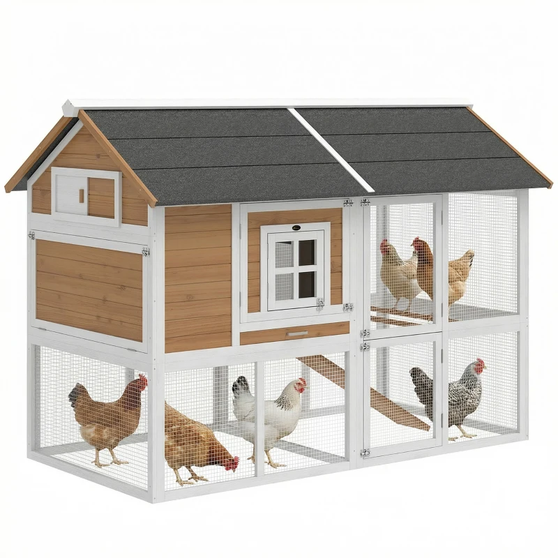 PawHut Gallinero Casa de gallinas con corral Nido bandeja extraíble Asphaltdach para 4 gallinas 200x104x145cm Holz Marrón